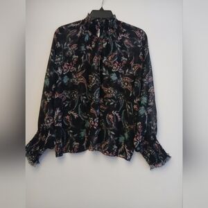 MISA Womens Black Floral Long-Sleeve Smocked Neck And Cuffs Blouse.Size M